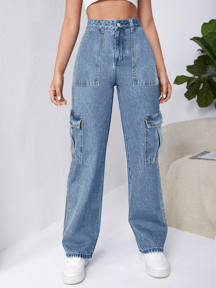 Damen Hochtaillierte Cargo-Weite-Jeans mit aufgesetzten Taschen und elastischem Saum Echo Archiv
