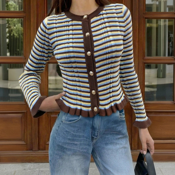 Damen Gerippte Kurzcardigan mit Rüschenbündchen & Statement‑Knöpfen Echoarchiv