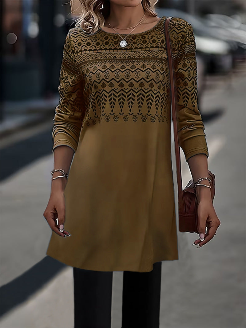 Frauen Longline Tunika Kleid mit Ethno Druck und Rundhalsausschnitt Echoarchiv