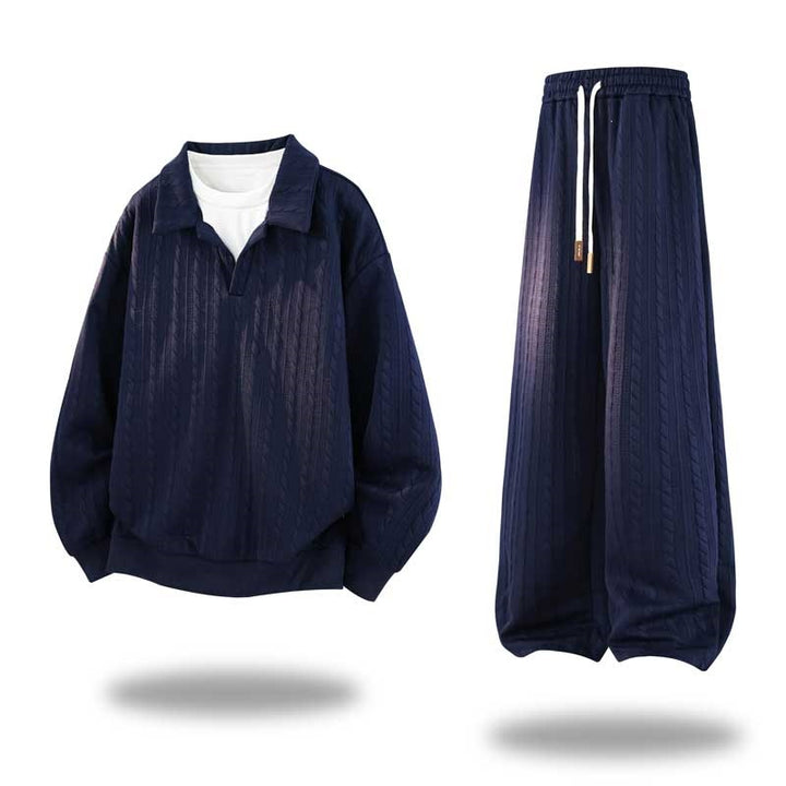 Herren Oversize Strukturiertes Lounge‑Set mit Polokragen, Zopfmuster‑Optik & weitem Bein Echoarchiv