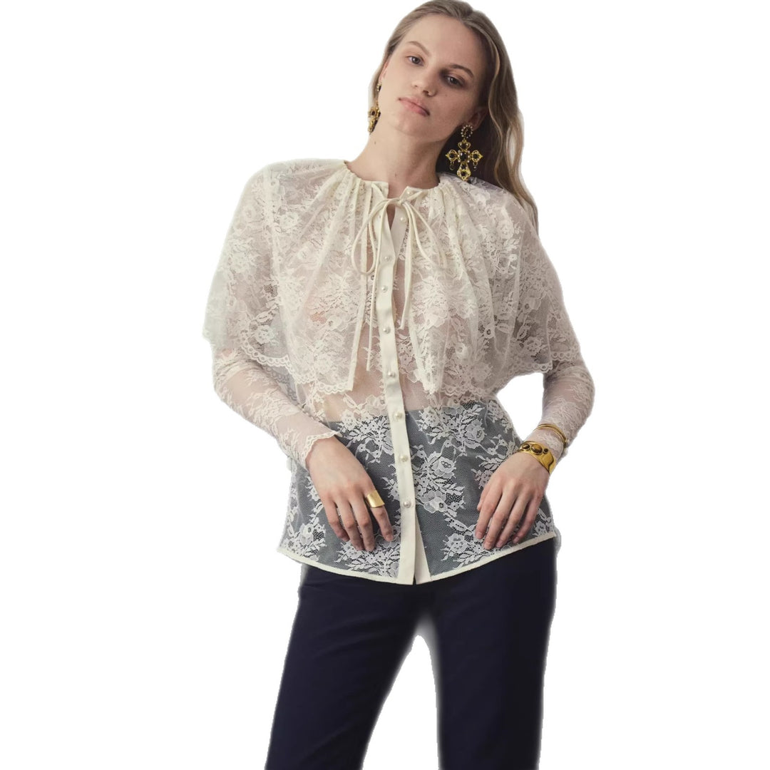 Damen Spitzenbluse mit eleganter Schleifenverzierung und transparenten Einsätzen Echo Archiv