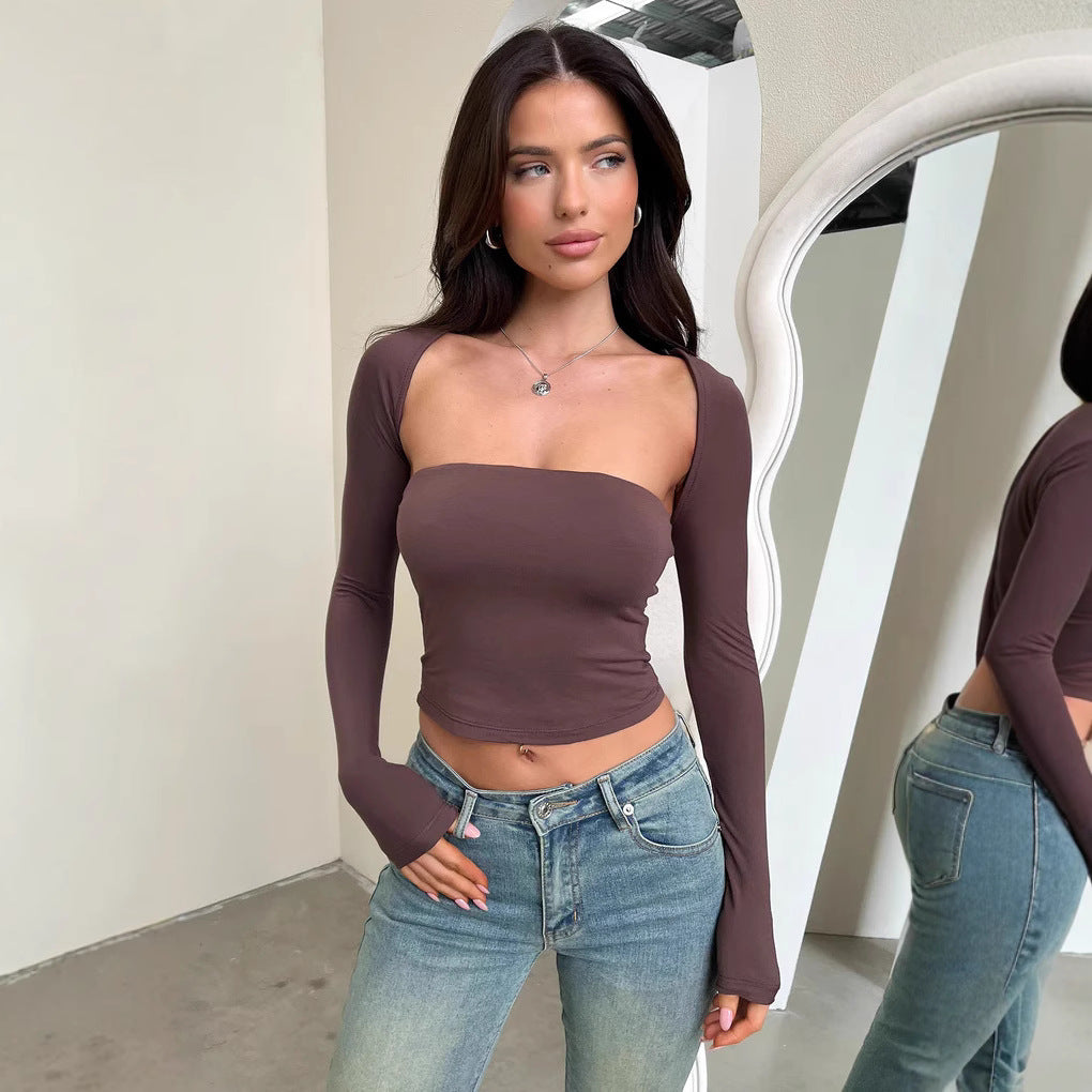 Damen Langarm Crop-Top mit körpernahem Schnitt und weitem Ausschnitt Echo Archiv