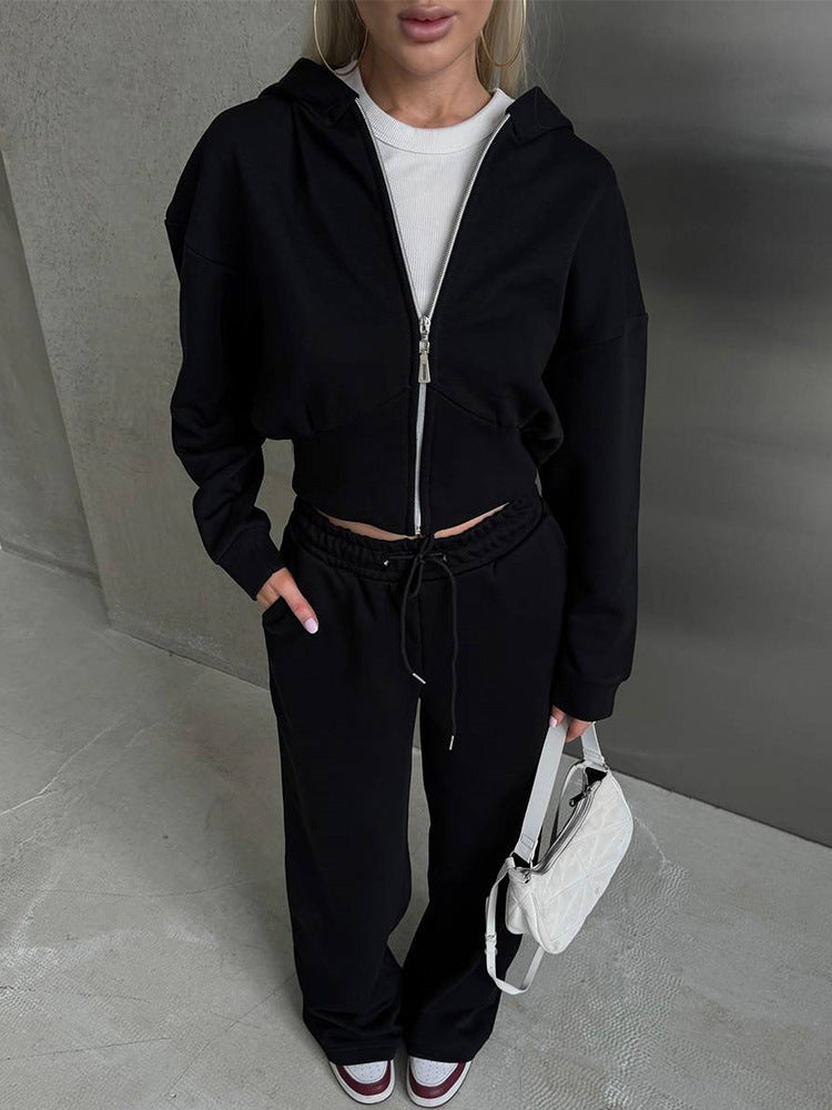 Damen nan zweiteiliges Cropped Hoodie-Set mit weitem Bundhose-Schnitt und tailliertem Reißverschluss Echo Archiv