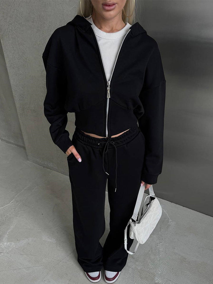 Damen nan zweiteiliges Cropped Hoodie-Set mit weitem Bundhose-Schnitt und tailliertem Reißverschluss Echo Archiv