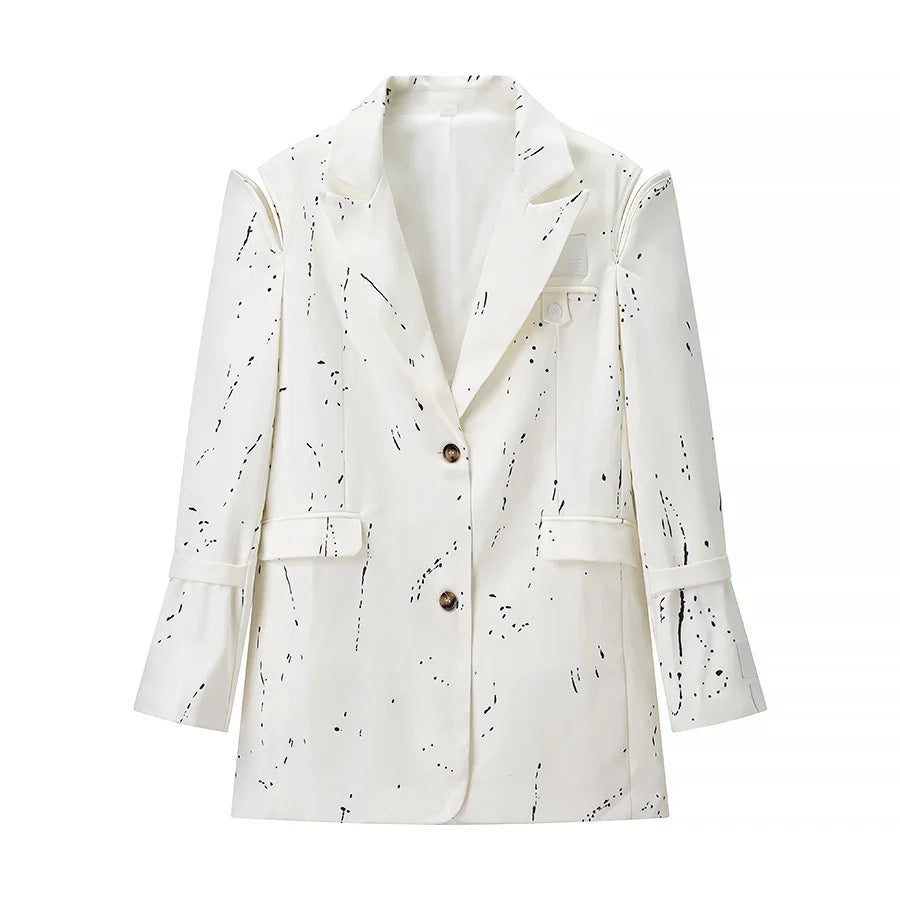 Damen kastiger Kunstseiden-Blazer mit abstraktem Splash-Print, Reverskragen und Pattentaschen – Valéne