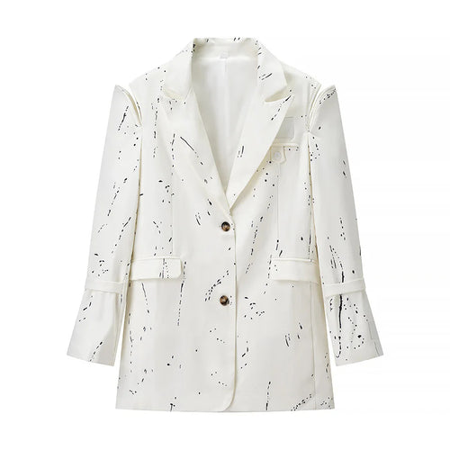 Damen kastiger Kunstseiden-Blazer mit abstraktem Splash-Print, Reverskragen und Pattentaschen – Valéne