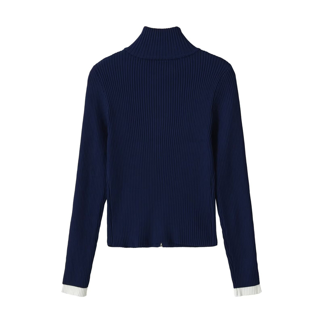 Damen Gerippte Reißverschluss-Strickjacke mit Stehkragen und Kontrastbündchen Echo Archiv