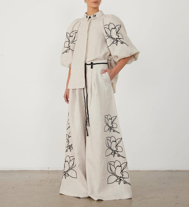 Damen Weit geschnittene Leinenhose mit floralen Stickereien Echo Archiv