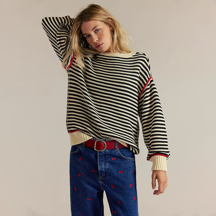 Damen Oversize Ringelstrickpullover mit weitem Schnitt, Bündchen & kontrastierenden Paspeln Echoarchiv