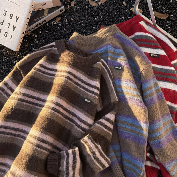 Unisex Gestreifter Oversize-Mohair‑Optik Pullover mit Rundhals und weicher Struktur Echoarchiv