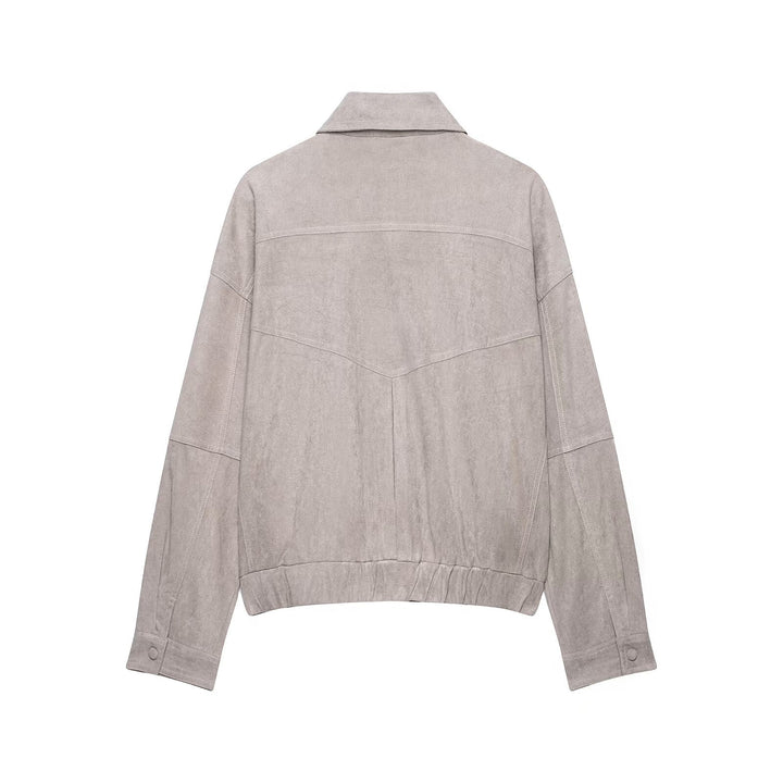 Damen Oversized Veloursleder‑Optik Bomberjacke mit Pattentaschen und elastischem Saum Echo Archiv
