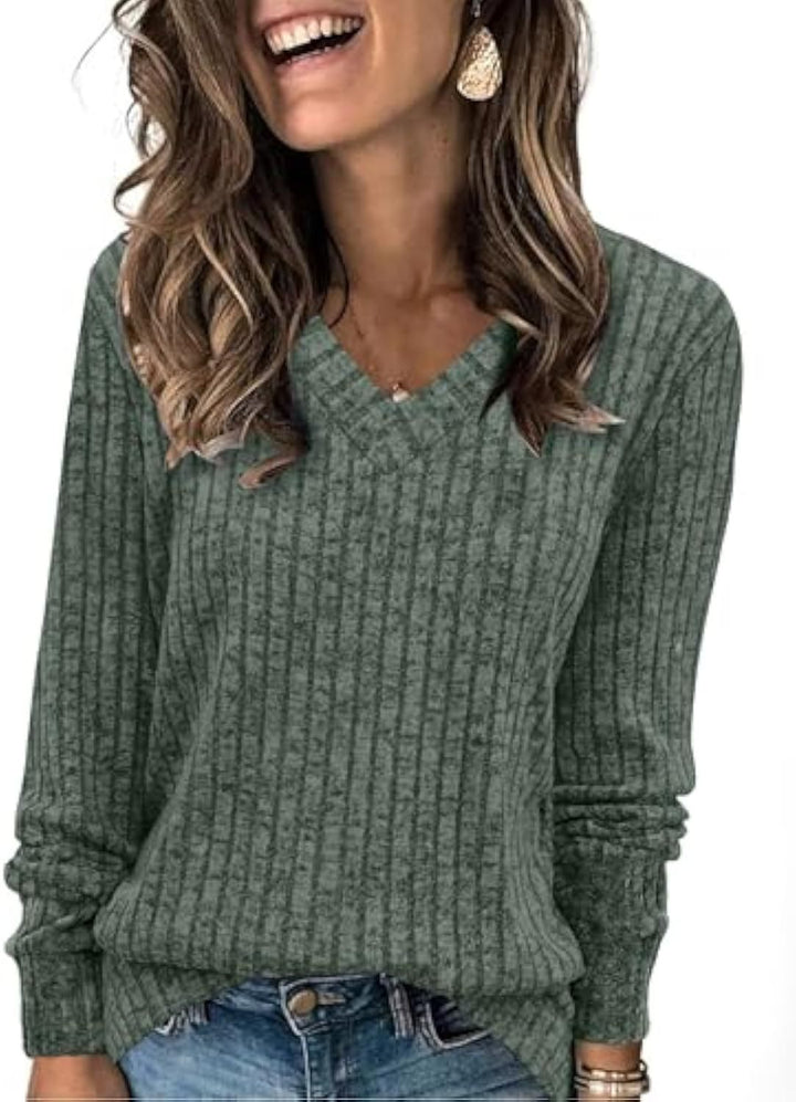 Damen gerippter V‑Ausschnitt Feinstrickpullover mit längerem Arm – Mavelle