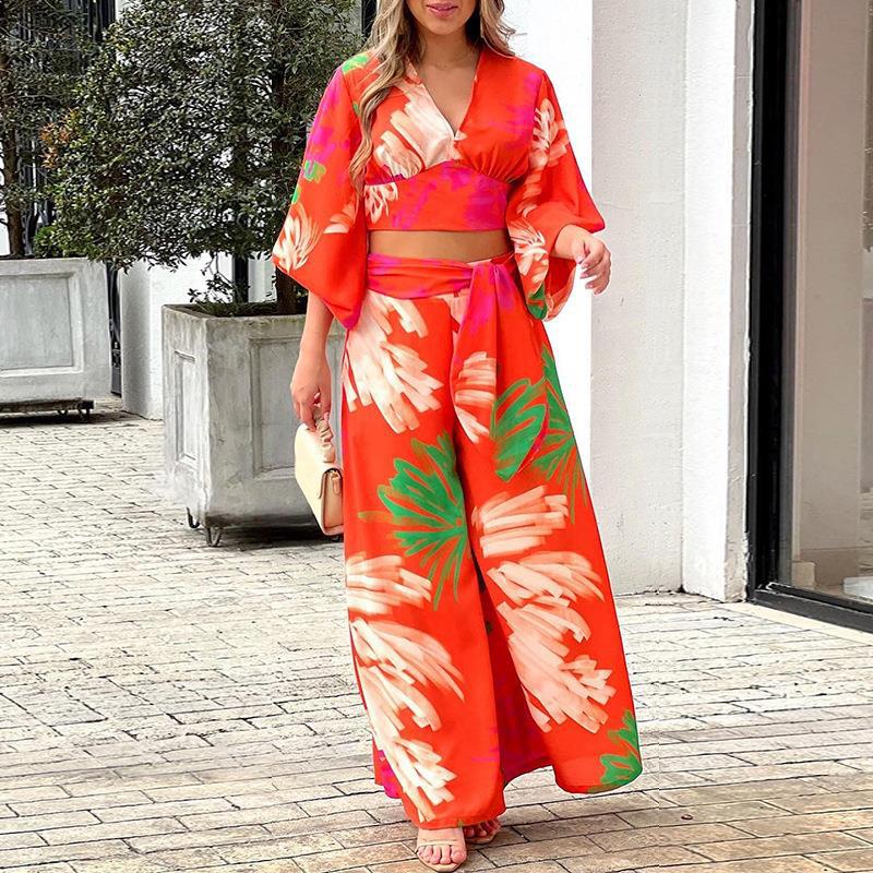 Damen Zwei-Teiler Sommer Set mit Wickel-Crop-Top und Hochtaillierten Palazzo-Hosen EB – Élanora