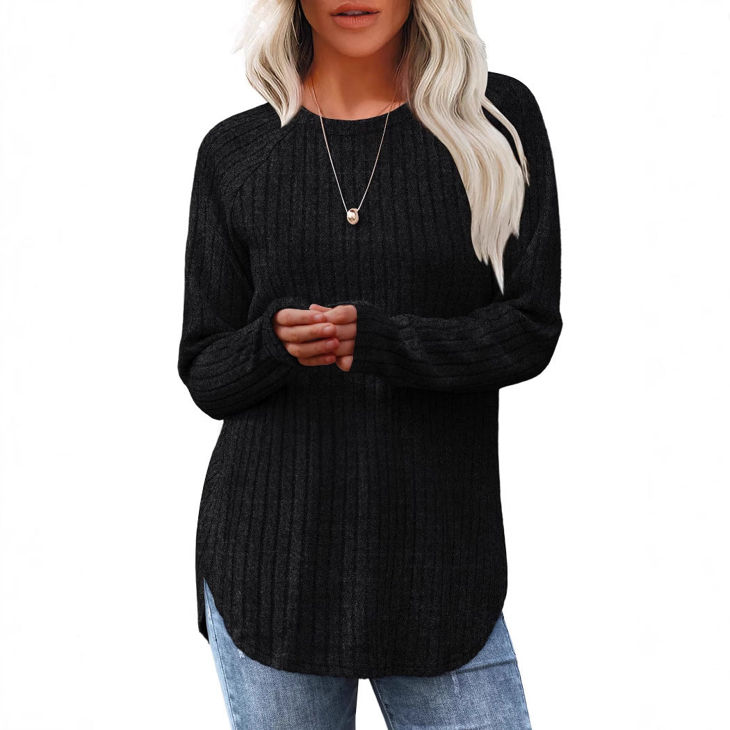 Damen gerippter Strickpullover mit Rundhalsausschnitt Oversize-Passform und Seitenschlitzen Echo Archiv