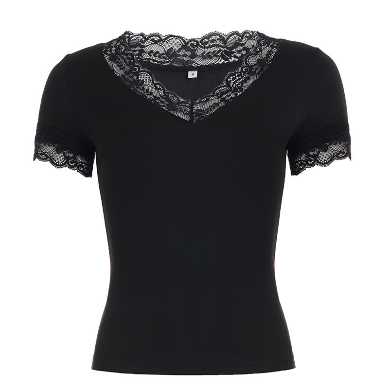 Damen T-Shirt mit Spitzenbesatz und V-Ausschnitt Echo Archiv
