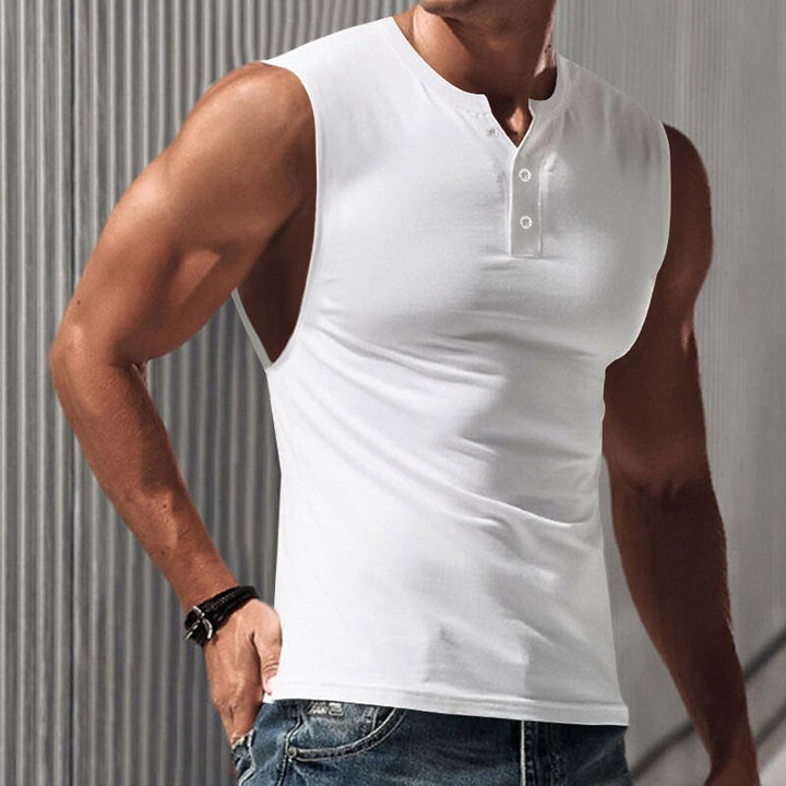 Herren ärmelloses Henley-T-Shirt aus weicher Baumwolle mit dekorativen Knöpfen Echoarchiv