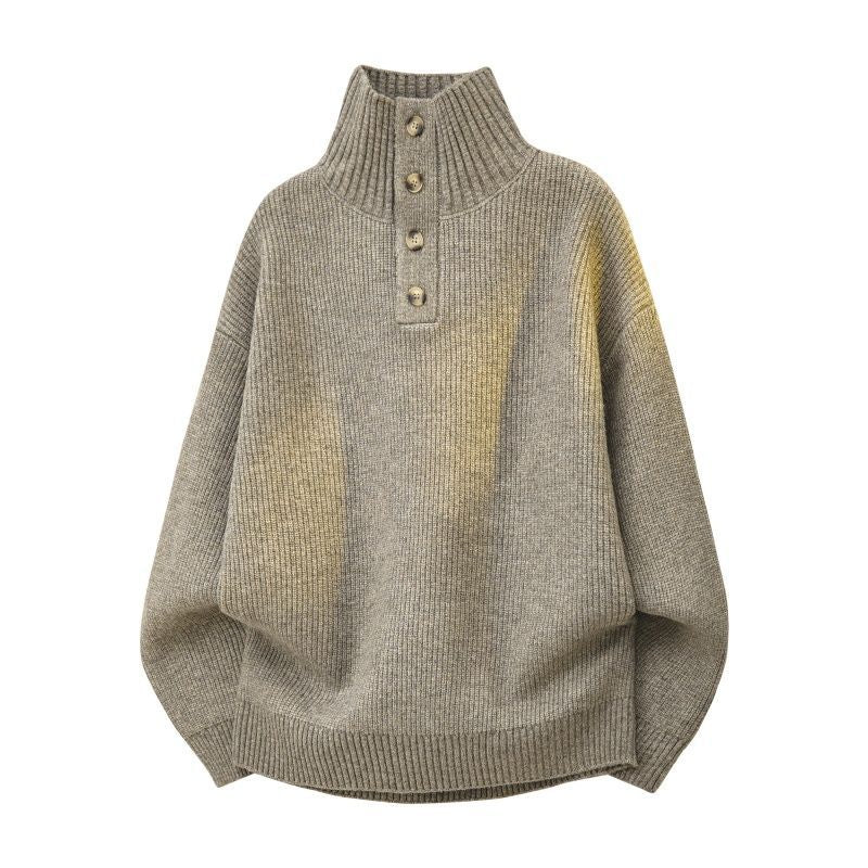 Damen Oversize Grobstrick-Pullover mit Knopfleiste am Stehkragen und Raglanärmeln Echoarchiv