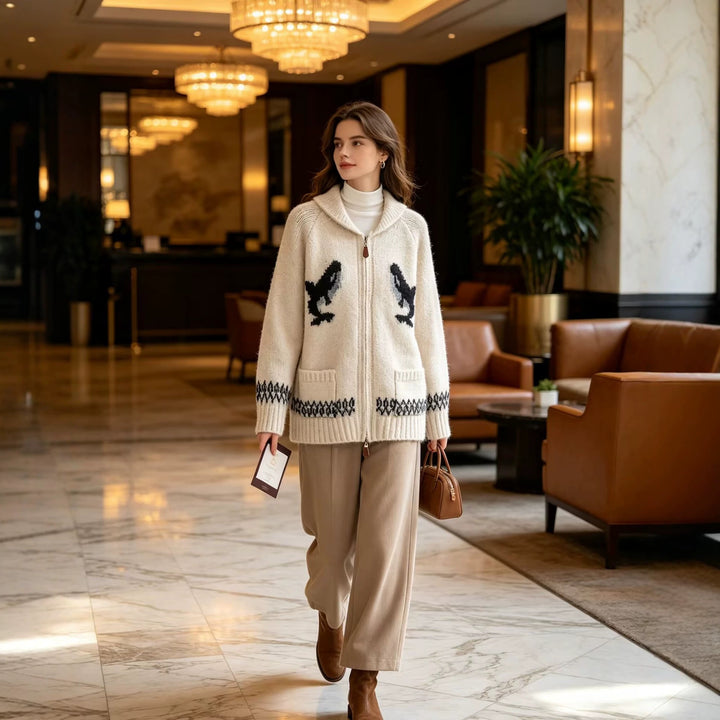 Damen Grobgestrickte Zip-Cardigan mit Schalkragen und Intarsienmotiv Echoarchiv
