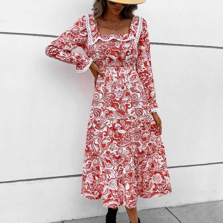 Damen Midikleid im Paisley-Print mit Spitzenvolant, quadratischem Ausschnitt und elastischer Taillennaht Echoarchiv