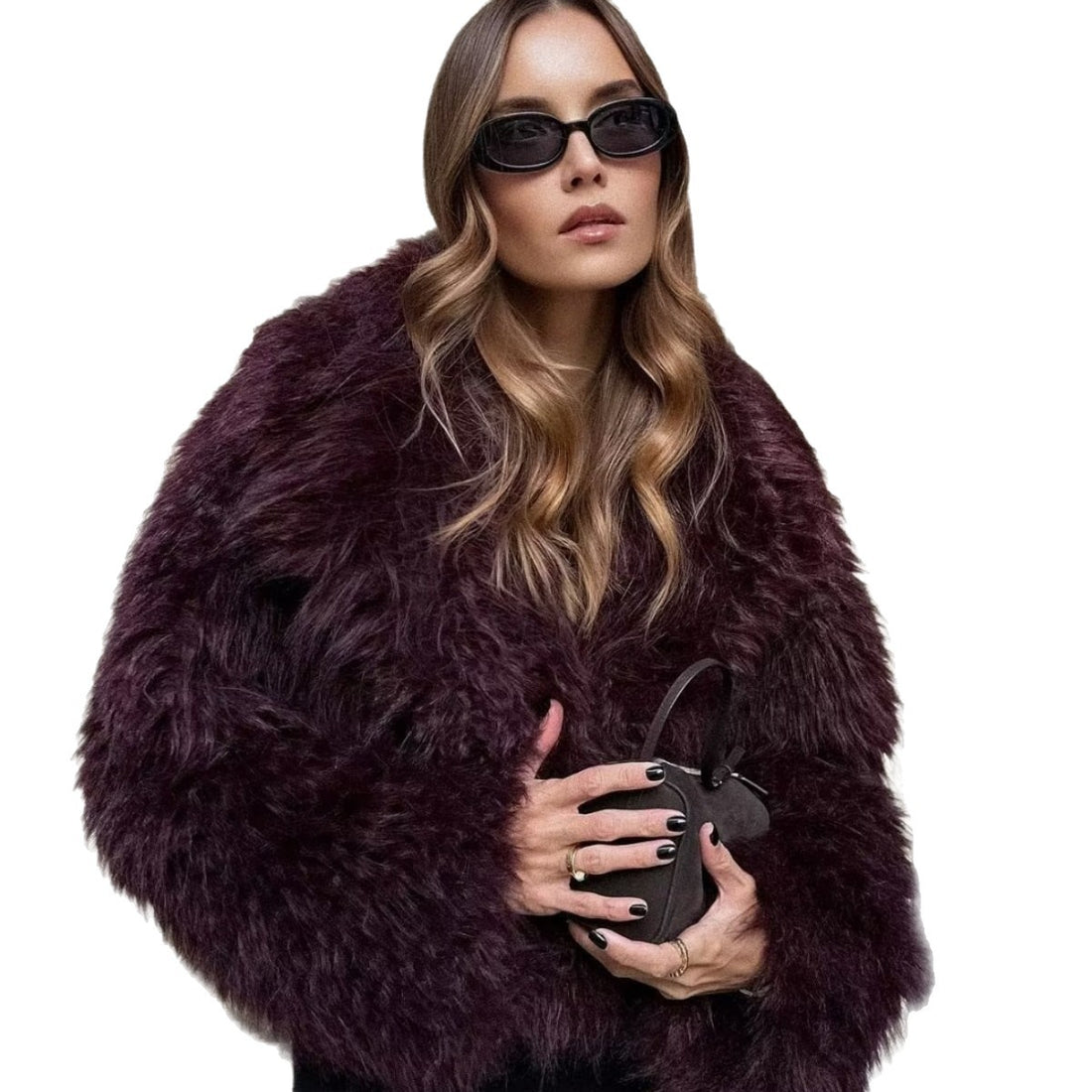 Damen Kurze Boxy-Plüschjacke im Shaggy-Look mit fallendem Revers Echo Archiv