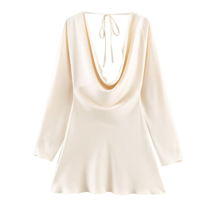 Damen Kurzes Satin-Minikleid mit tiefem Wasserfall‑Rücken, V‑Ausschnitt vorne und langen Ärmeln Echoarchiv