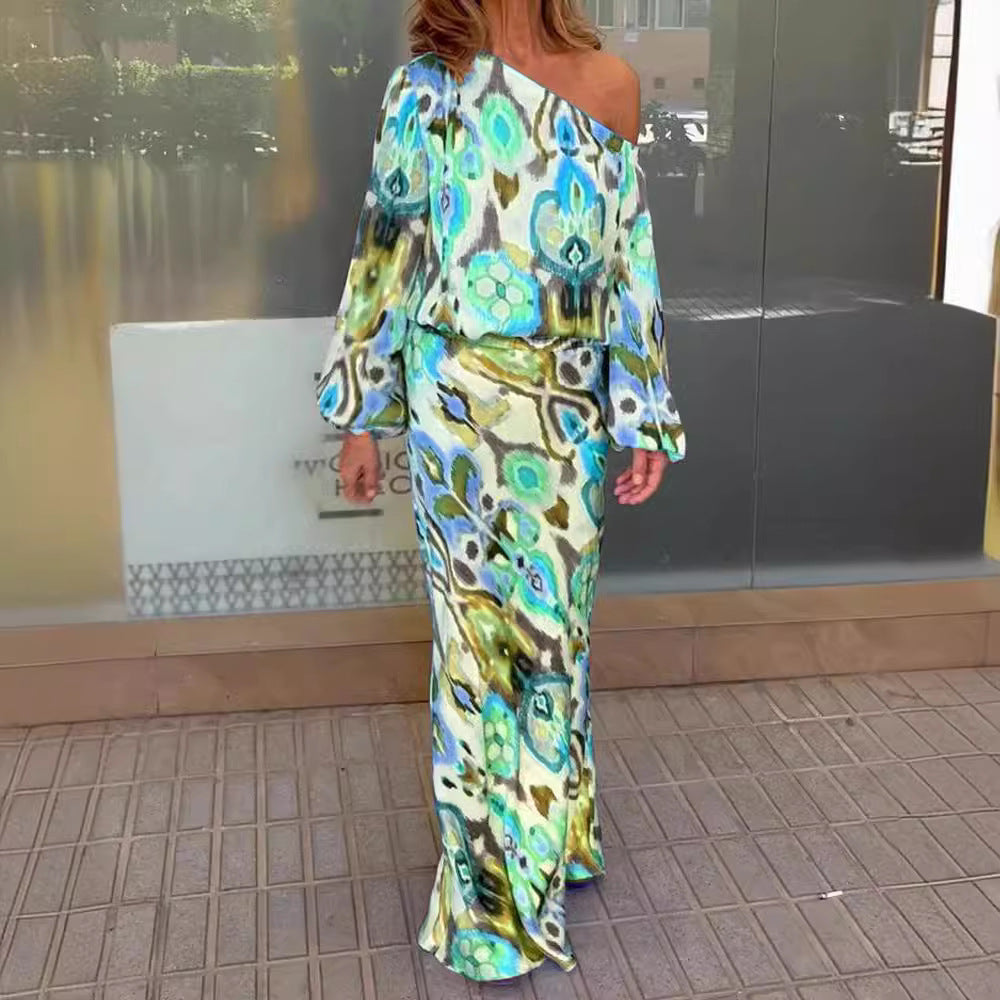 Damen Maxikleid mit asymmetrischer Ein-Schulter, fließendem Satin und Glockenärmeln – Valéora