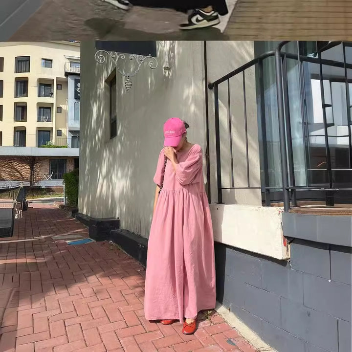 Damen Lässiges Maxi-Babydollkleid mit Puffärmeln und geraffter Taillenpartie – Valéora