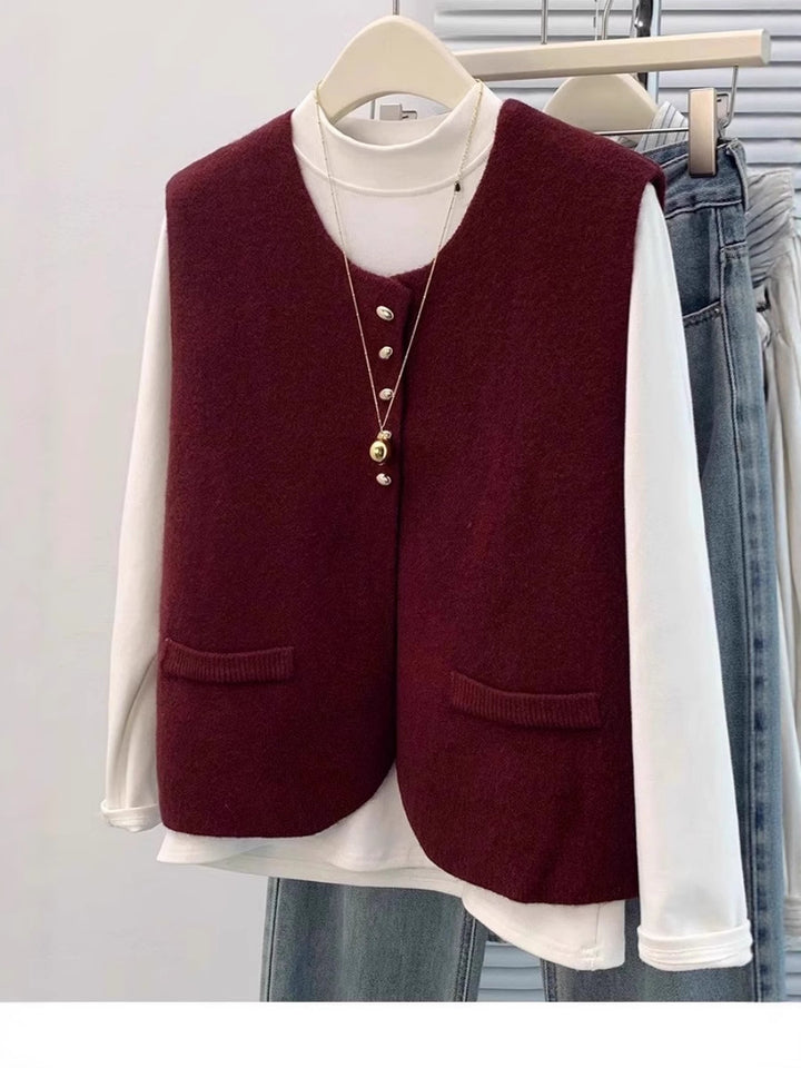 Damen Kurzgeschnittene Ärmellose Strickweste mit Perlenknopfleiste und aufgesetzten Taschen Echoarchiv