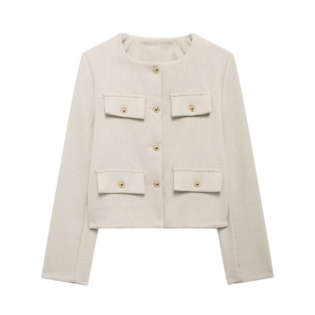 Damen Bouclé-Cropped-Jacke mit vier Pattentaschen und goldenen Schmuckknöpfen Echo Archiv