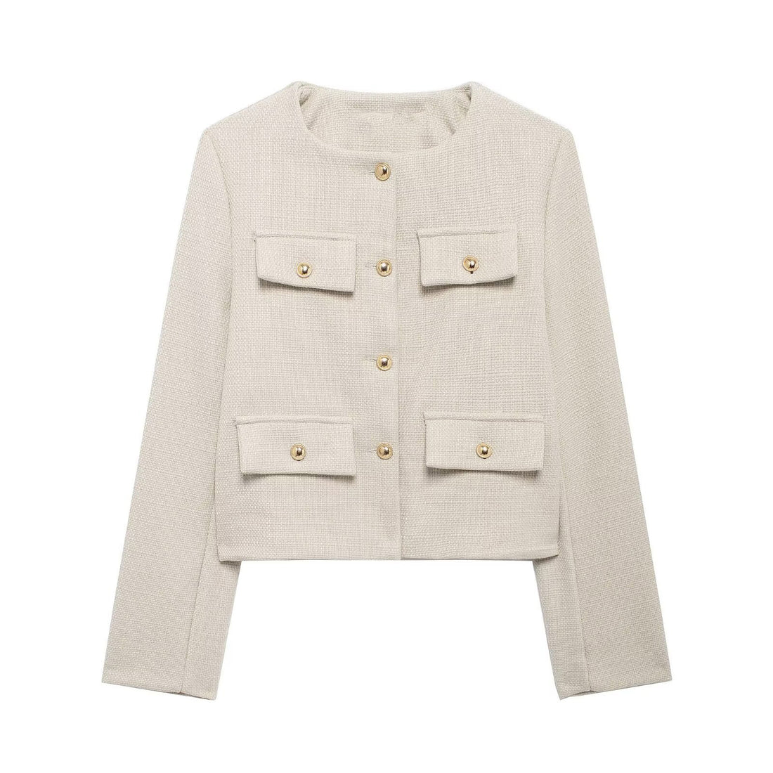 Damen Bouclé-Cropped-Jacke mit vier Pattentaschen und goldenen Schmuckknöpfen Echo Archiv