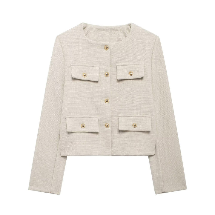Damen Bouclé-Cropped-Jacke mit vier Pattentaschen und goldenen Schmuckknöpfen Echo Archiv