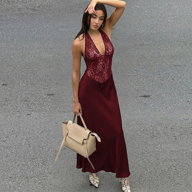 Damen Elegantes Maxikleid mit tiefem V-Ausschnitt und Spitzeneinsatz Echo Archiv