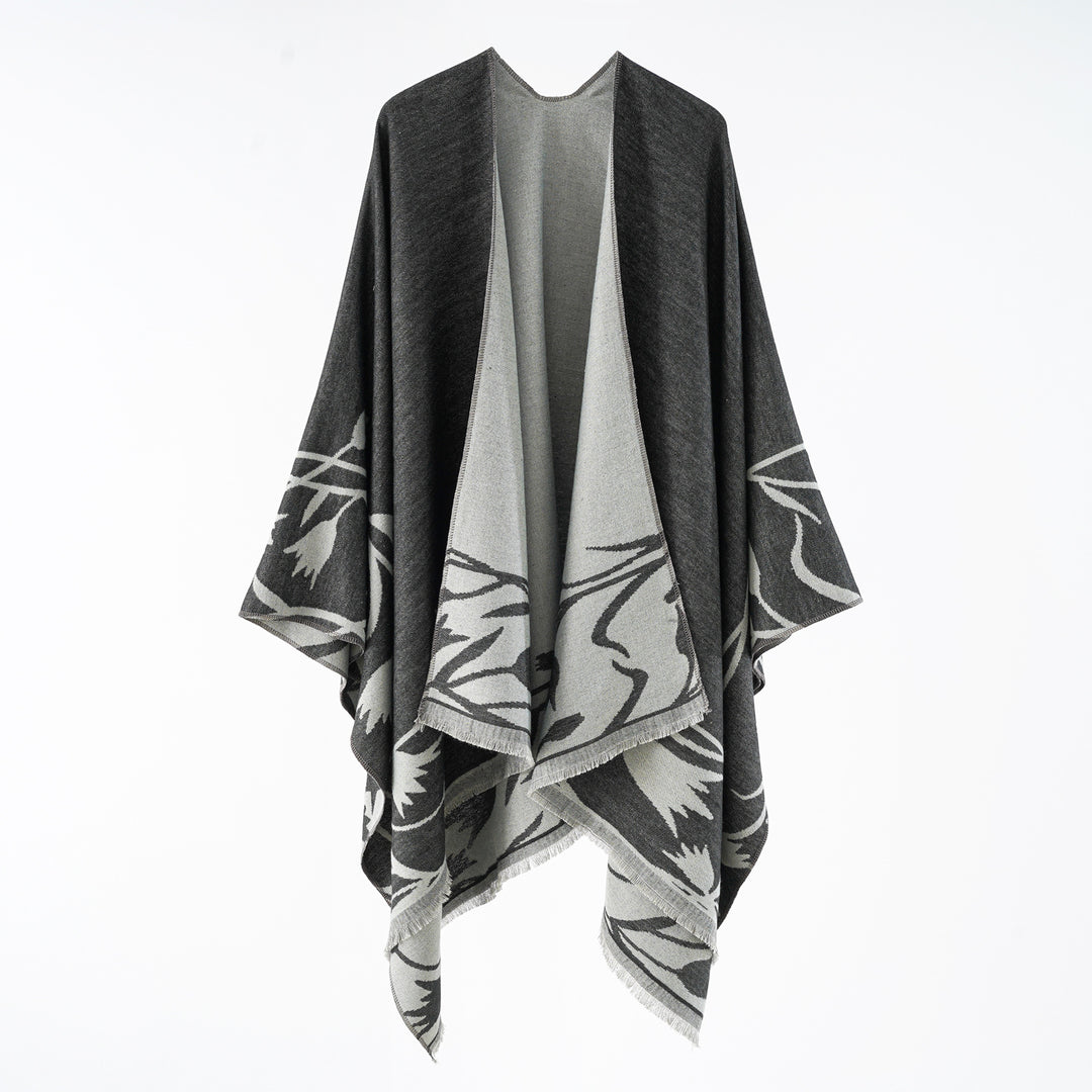 Damen Wendbarer Oversize-Capeponcho aus Wollmix mit floraler Jacquardwebung Echo Archiv