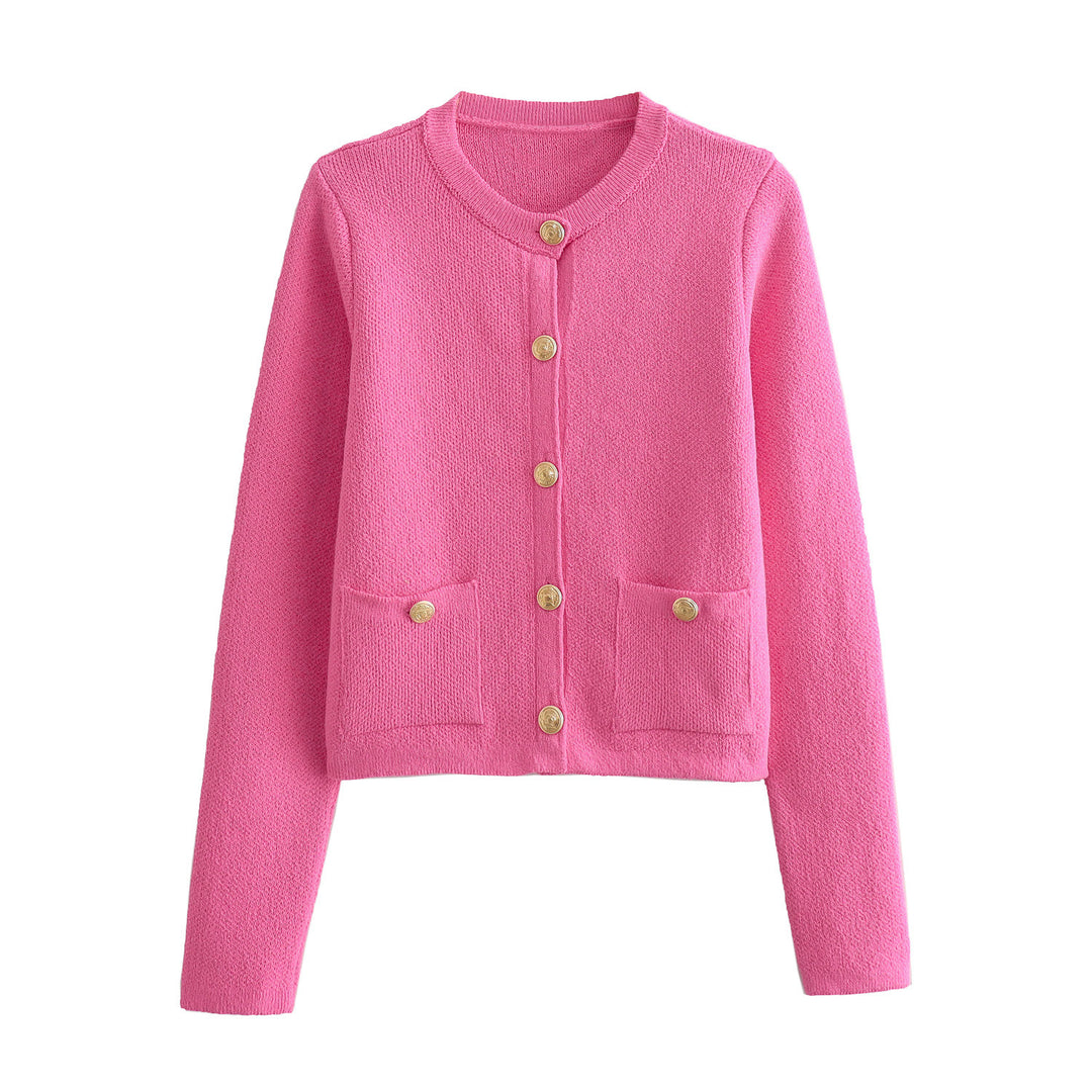 Damen Kurzgeschnittener Bouclé-Cardigan mit Rundhals, Pattentaschen und Münzknöpfen Echo Archiv