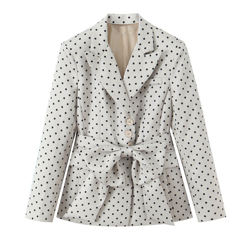 Damen Taillierter gepunkteter Blazer mit Bindegürtel und Reverskragen Echo Archiv