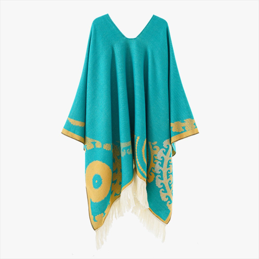 Damen Ornamentaler Jacquard‑Poncho mit V‑Ausschnitt und Fransensaum Echo Archiv