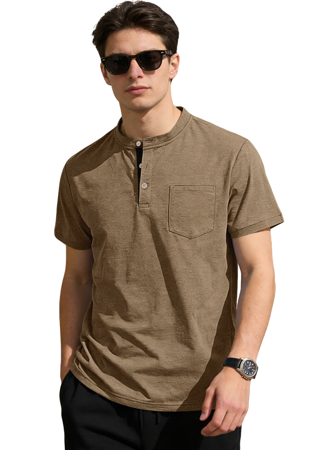 Herren nan strukturiertes Baumwoll-Henleyshirt mit kurzem Stehkragen Knopfleiste und Brusttasche Echo Archiv
