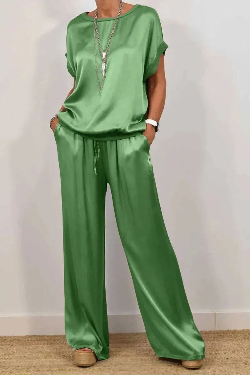 Damen Elegantes Satin Lounge-Set mit weitem Schnitt und lässigem Oberteil Echoarchiv