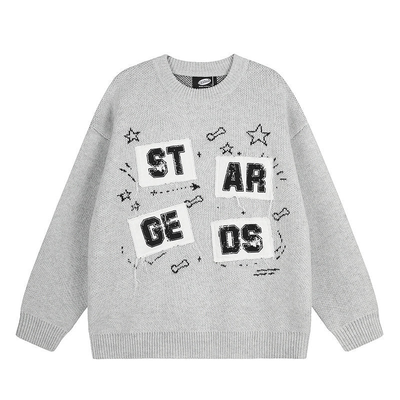 Damen Oversize-Strickpullover mit Rundhalsausschnitt, Applikationen und Vintage-Buchstabenpatches Echoarchiv
