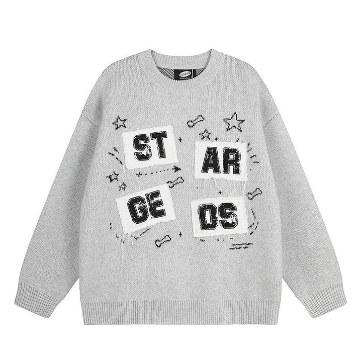 Damen Oversize-Strickpullover mit Rundhalsausschnitt, Applikationen und Vintage-Buchstabenpatches Echoarchiv