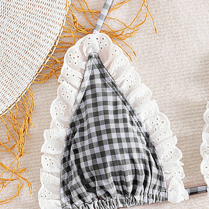 Damen Triangel-Bikini mit Rüschendetails und kariertem Design Echo Archiv