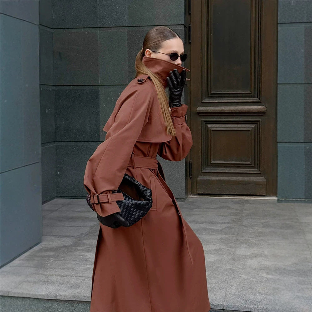 Damen Lang geschnittener wasserabweisender Trenchcoat mit hohem Stehkragen und Taillengürtel Echoarchiv