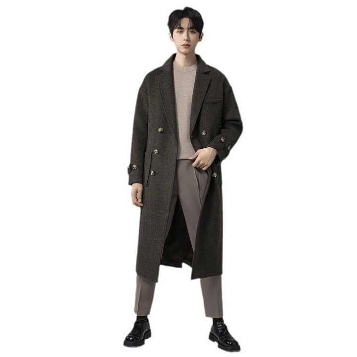 Herren Maxilanger Wollmix-Mantel im Tweed-Look mit Oversize-Schnitt, Doppelreihe und Bindegürtel Echoarchiv