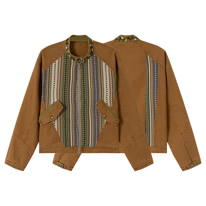 Damen Kurzer Canvas-Blouson mit gewebter Ethno‑Streifenfront und Pattentaschen Echoarchiv