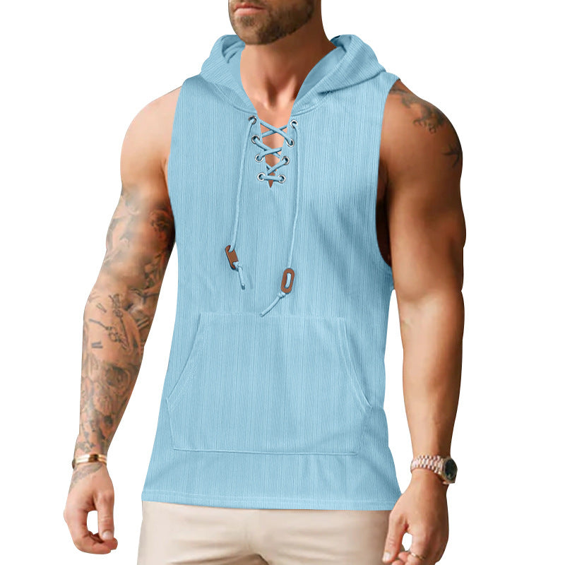Herren ärmelloses Kapuzenshirt mit modischem Schnürdesign und praktischer Kängurutasche Echoarchiv