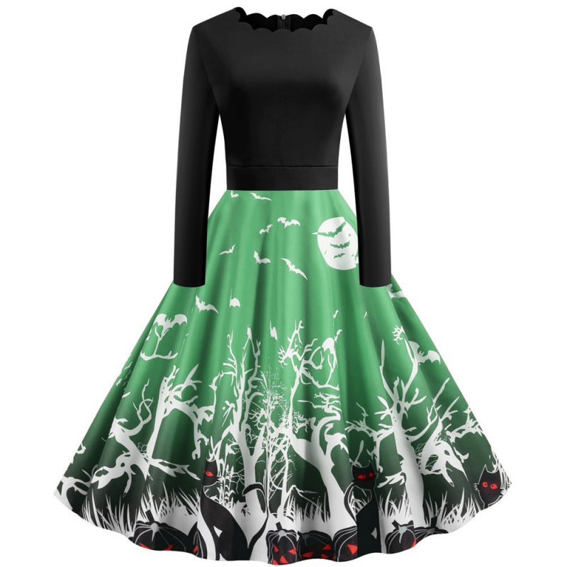 Damen Vintage Swingkleid mit gewelltem Ausschnitt, tailliertem Oberteil und Halloween-Print – Élara