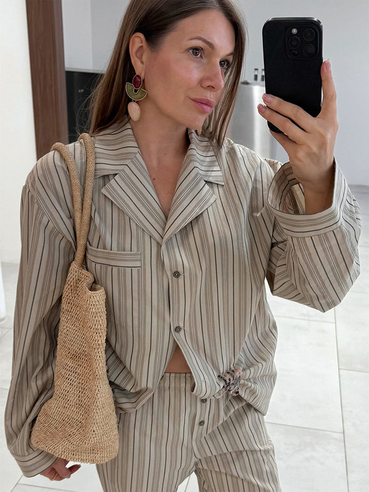 Damen Oversize gestreiftes Blazer-Set mit Relax-Hose aus Leinenmix Echoarchiv