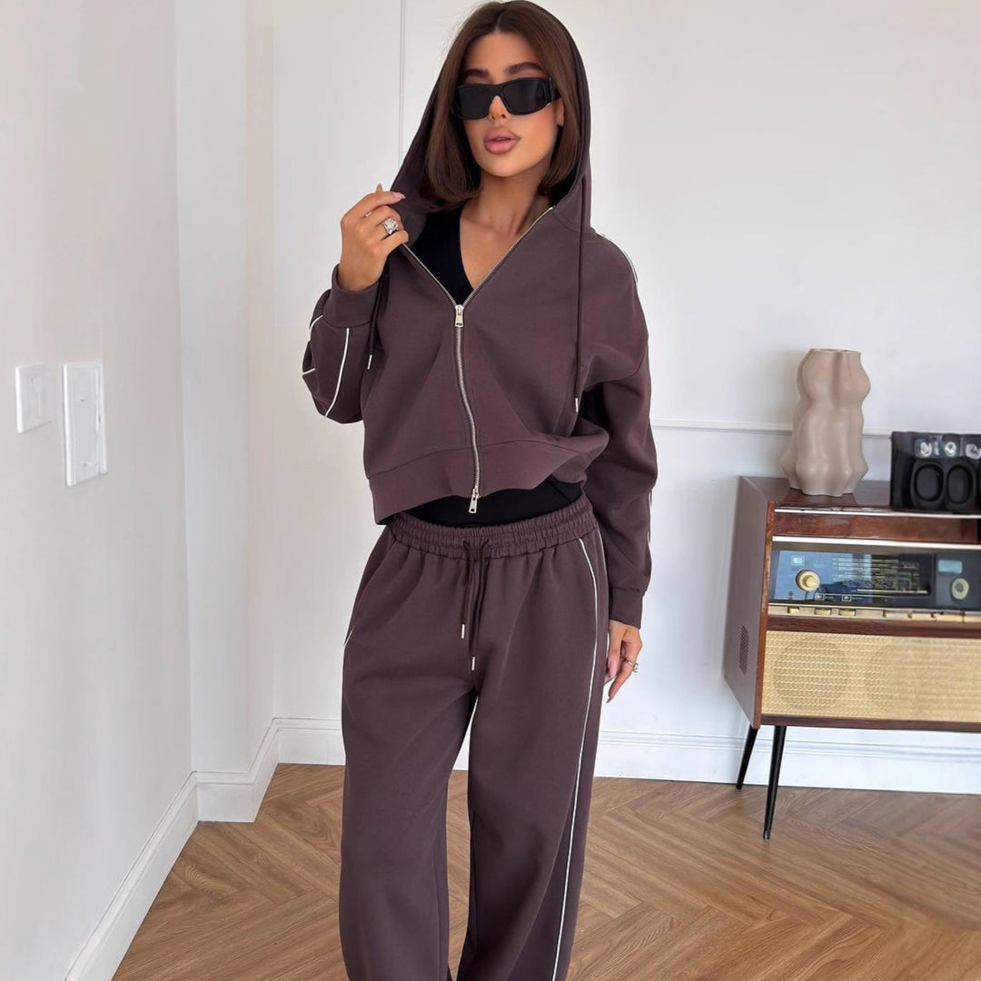 Damen Lässiges zweiteiliges Lounge-Set mit oversized Zipjacke und weitem Kordelzug-Hosenbund – Élanora
