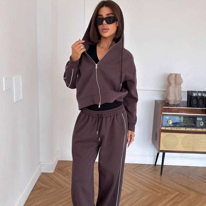 Damen Lässiges zweiteiliges Lounge-Set mit oversized Zipjacke und weitem Kordelzug-Hosenbund – Élanora