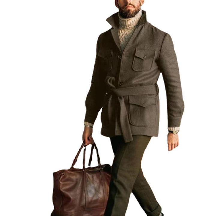 Herren multifunktionale Wool-Jacke mit Gürtel und Taschen Echoarchiv